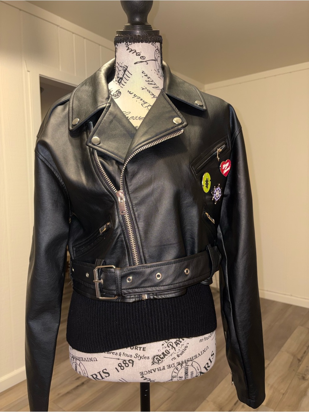 Bettlejuice meets Forever 21 Black Faux Leather Biker Jacket with Belt — XS